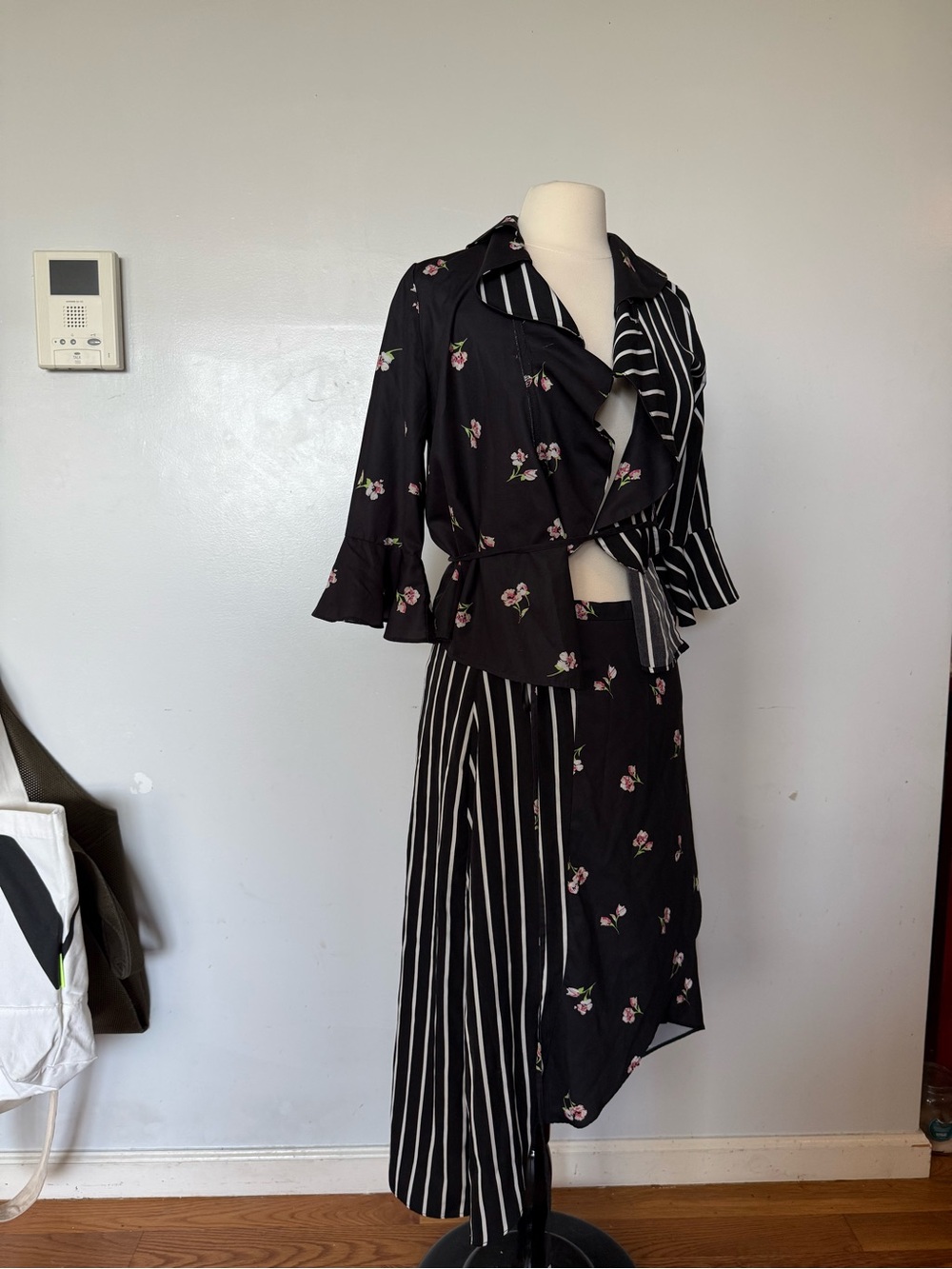 Black Floral & Stripe Asymmetric Women's Skirt - Unbranded
